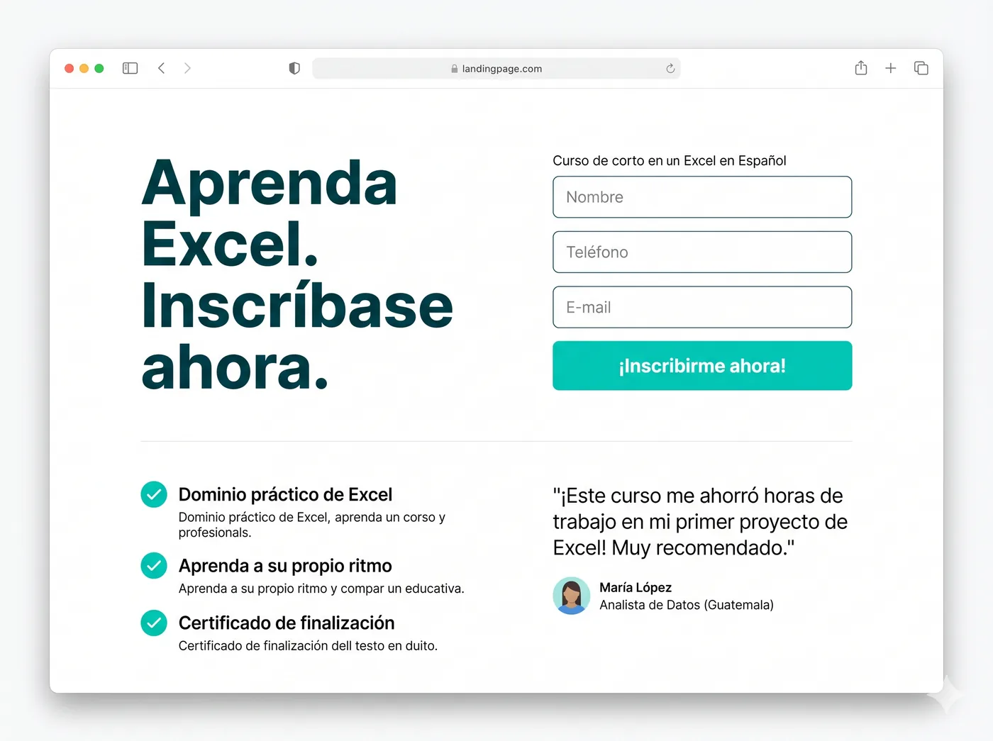 Ejemplo de landing page de una sola página para un emprendimiento